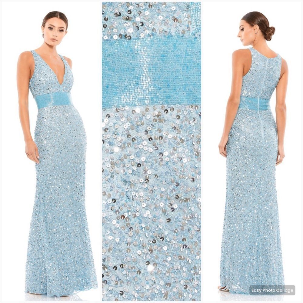 Mac Duggal 4930  Womens Blue Sequin V Neck Sleeveless Column Gown Dress